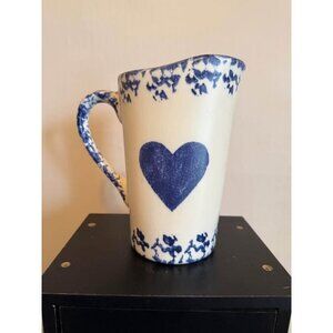 SOLD 90s Blue Heart Spongeware Pottery Pitcher Country Cottage Vintage